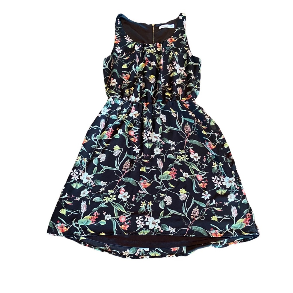 CChiffon floral and botanical print navy and pastel sheath dress .…